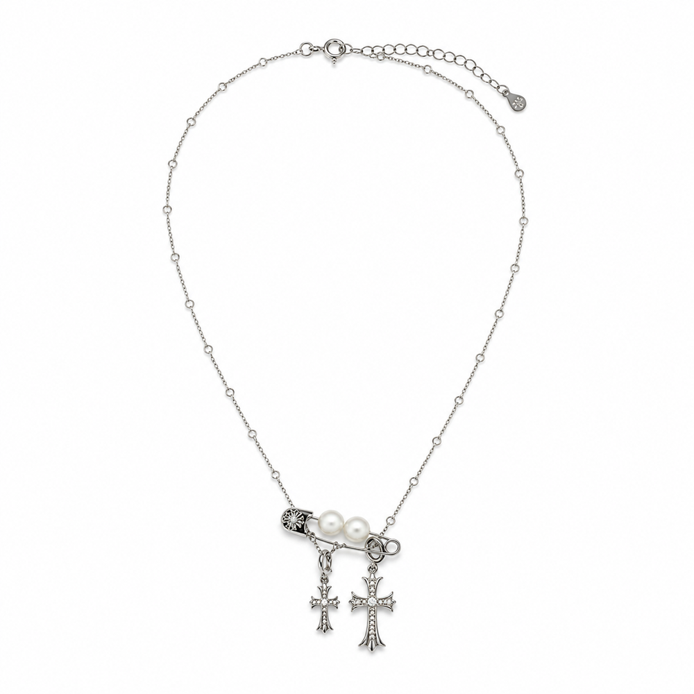 Rebel Bride Cross-Clip Pearl Necklace
