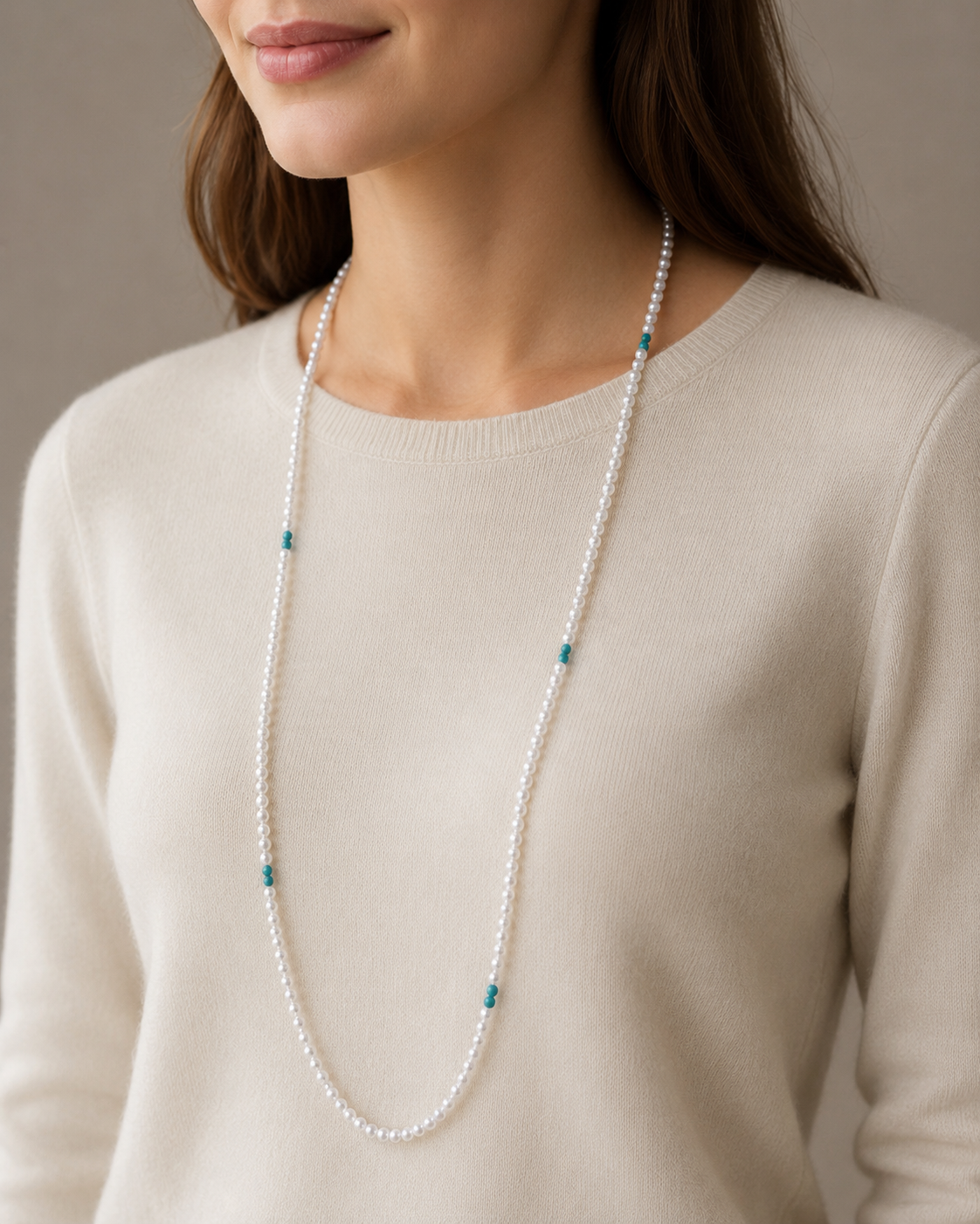 Turquoise Accent Pearl Long Necklace
