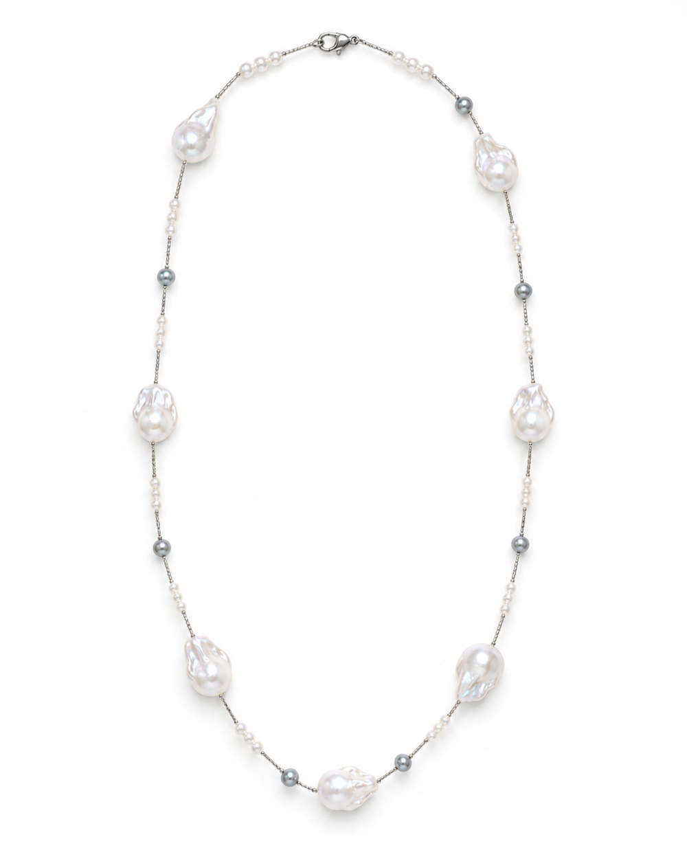 Baroque Pearl Station Necklace with 925 Sterling Silver Chain