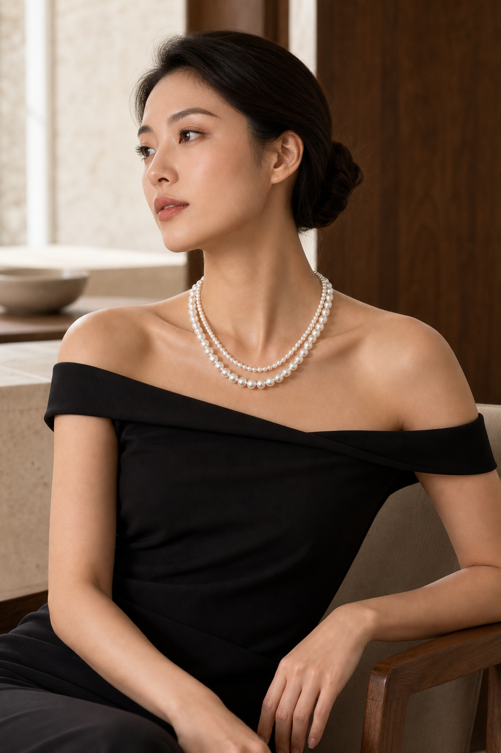 Model wearing the Graduated Pearl Necklace with 3–4 mm and 6–7 mm freshwater pearl strands