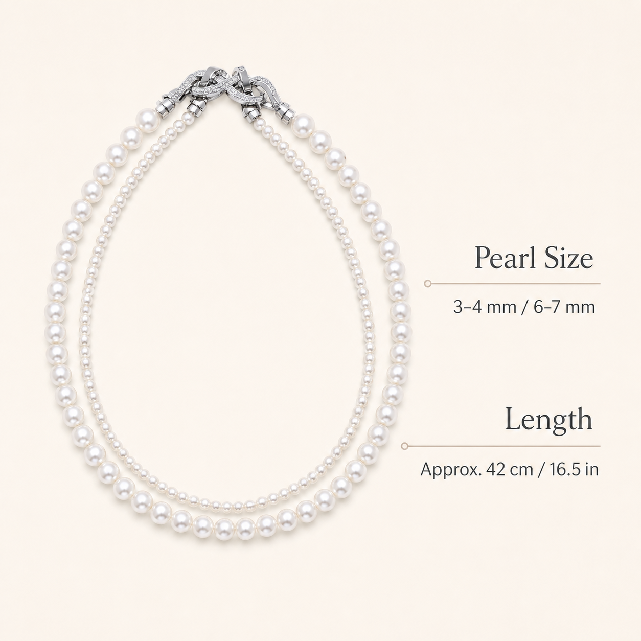 Graduated Pearl Necklace size guide showing 3–4 mm and 6–7 mm pearls with approximately 42 cm length