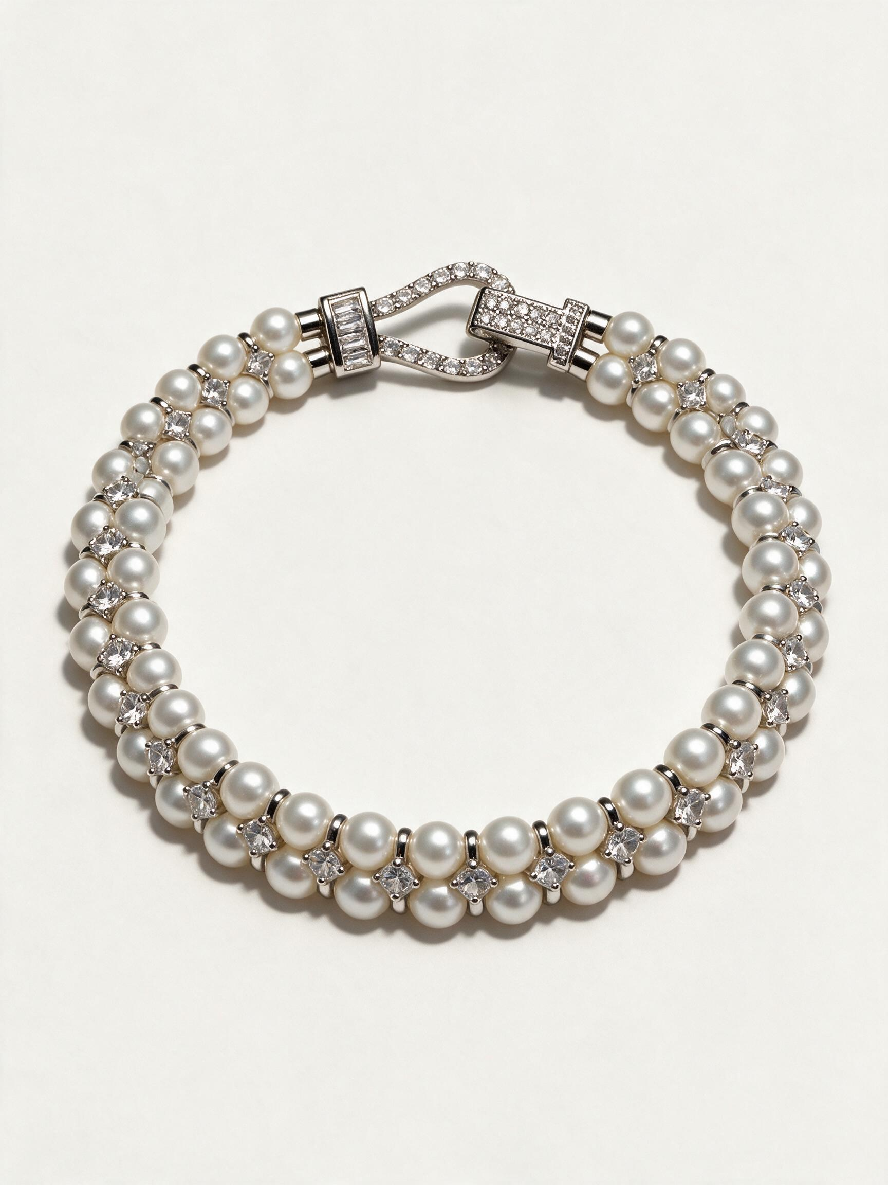 Double-strand freshwater pearl bracelet with square-cut cubic zirconia: Bracelets