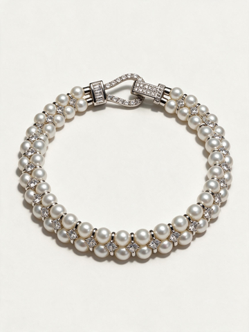 Double-strand freshwater pearl bracelet with square-cut cubic zirconia