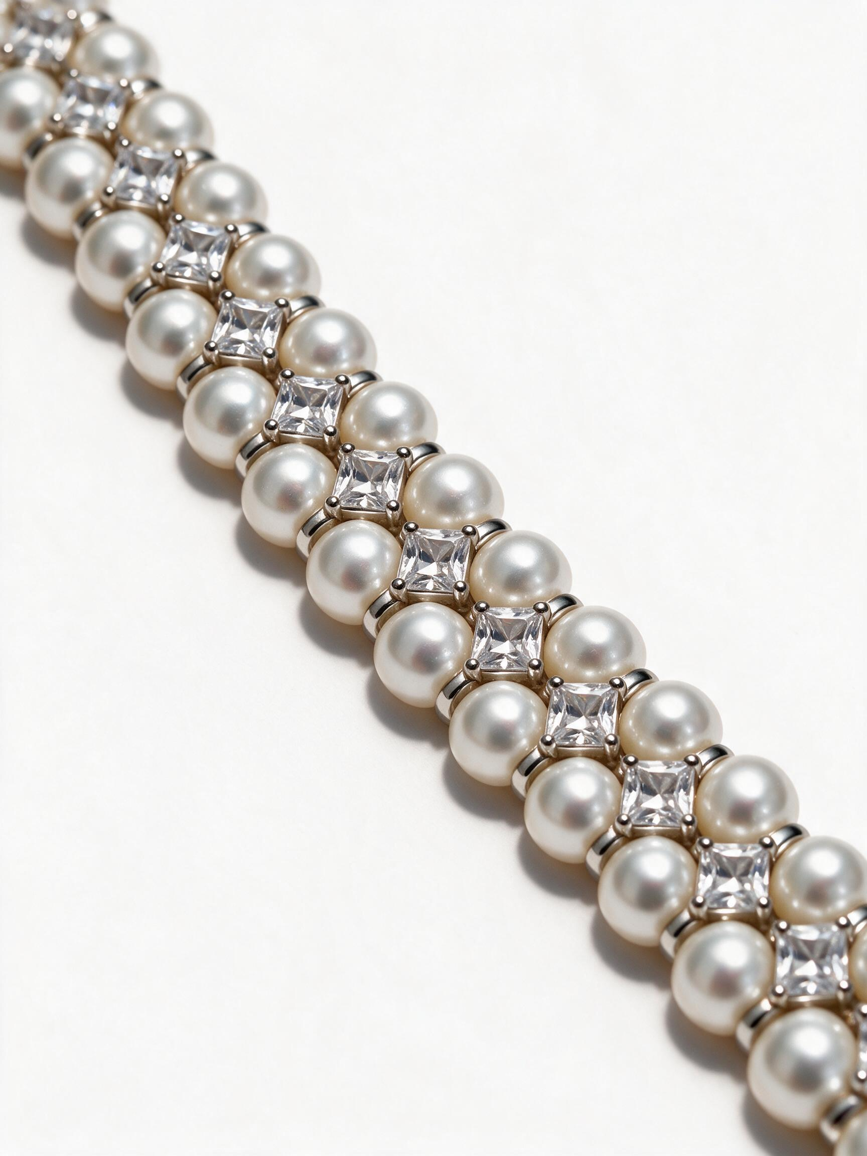 Close-up of freshwater pearls and square-cut cubic zirconia on SKU10004