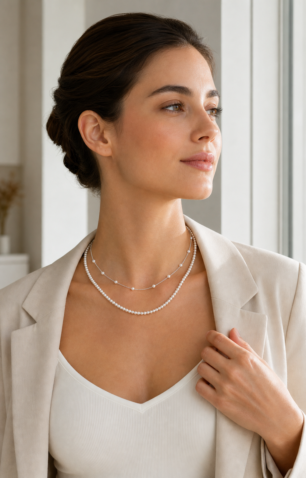Model wearing the Starlight Pearl Necklace layered pearl and silver station chains