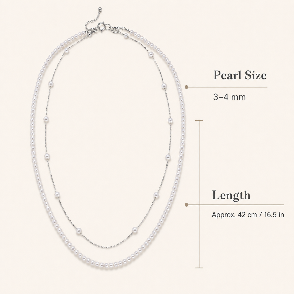 Starlight Pearl Necklace size guide showing 3–4 mm pearls and approximately 42 cm length