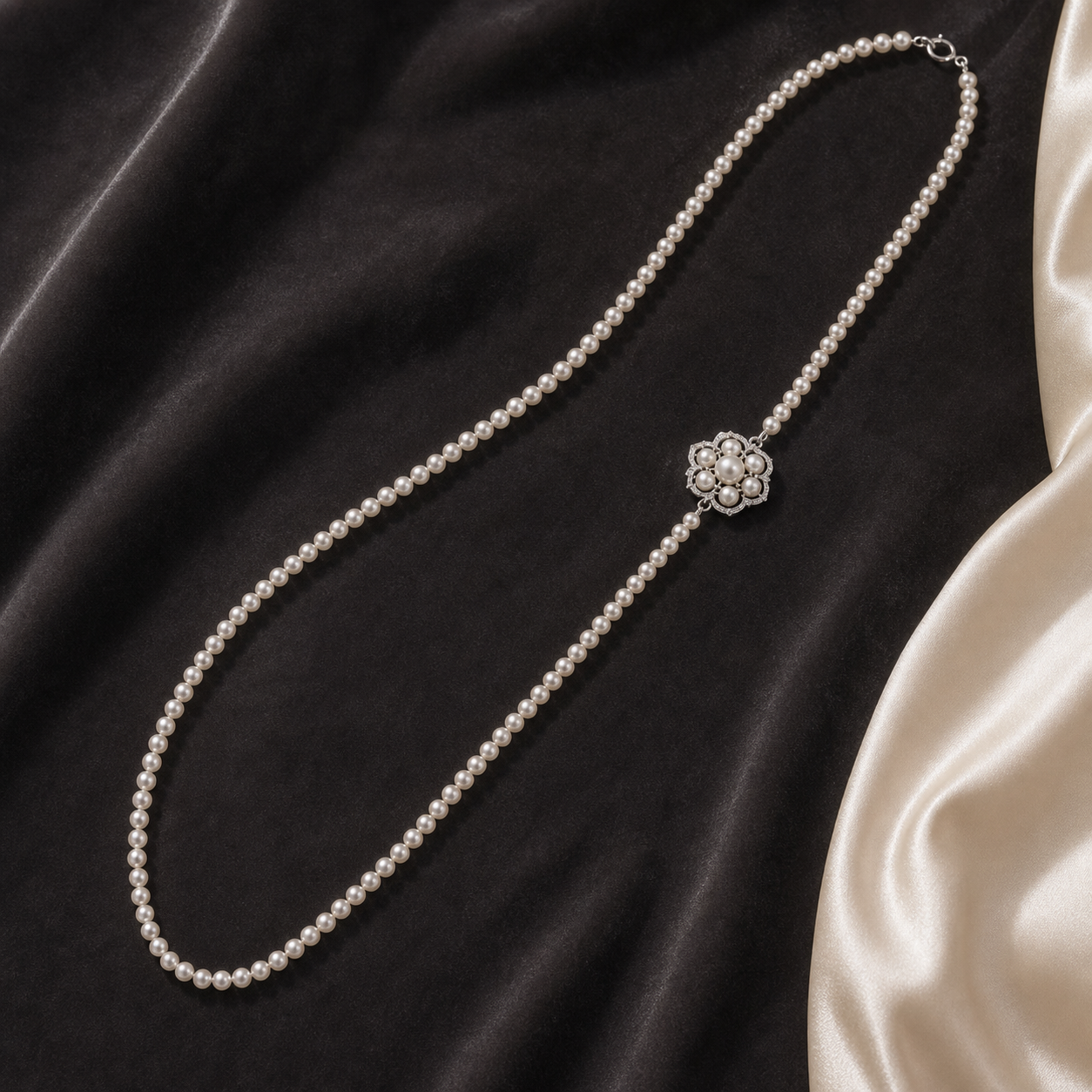 Long pearl brooch necklace with floral pearl cluster styled on dark velvet