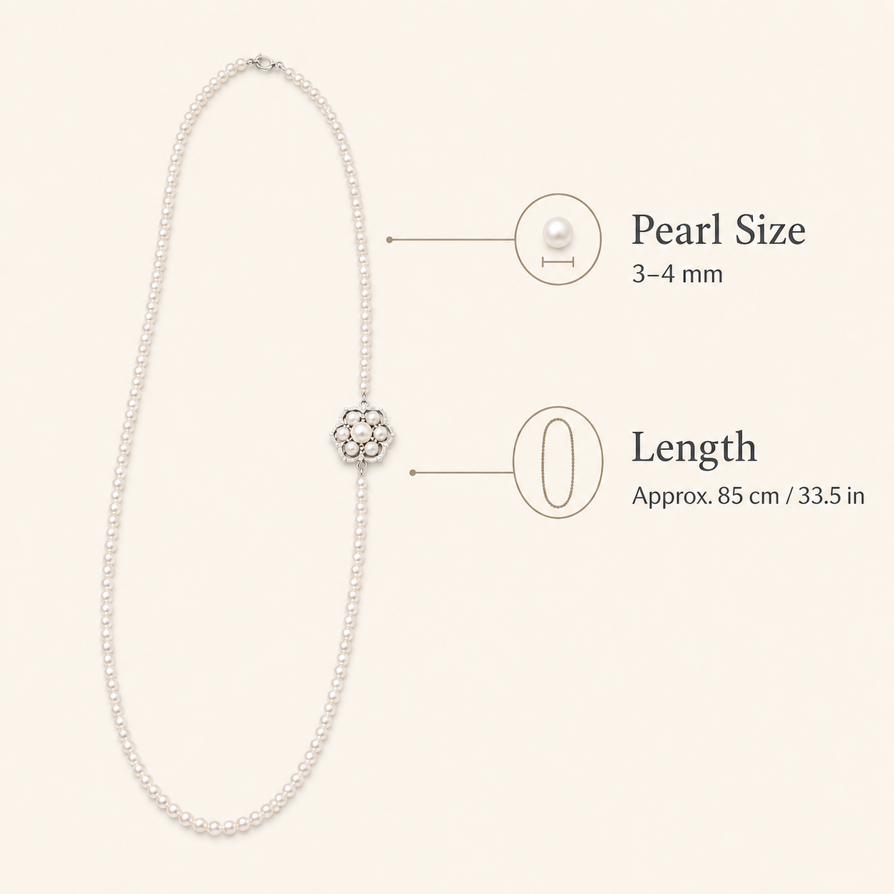 Convertible Pearl Brooch Necklace size guide showing 3–4 mm pearls and approximately 85 cm length