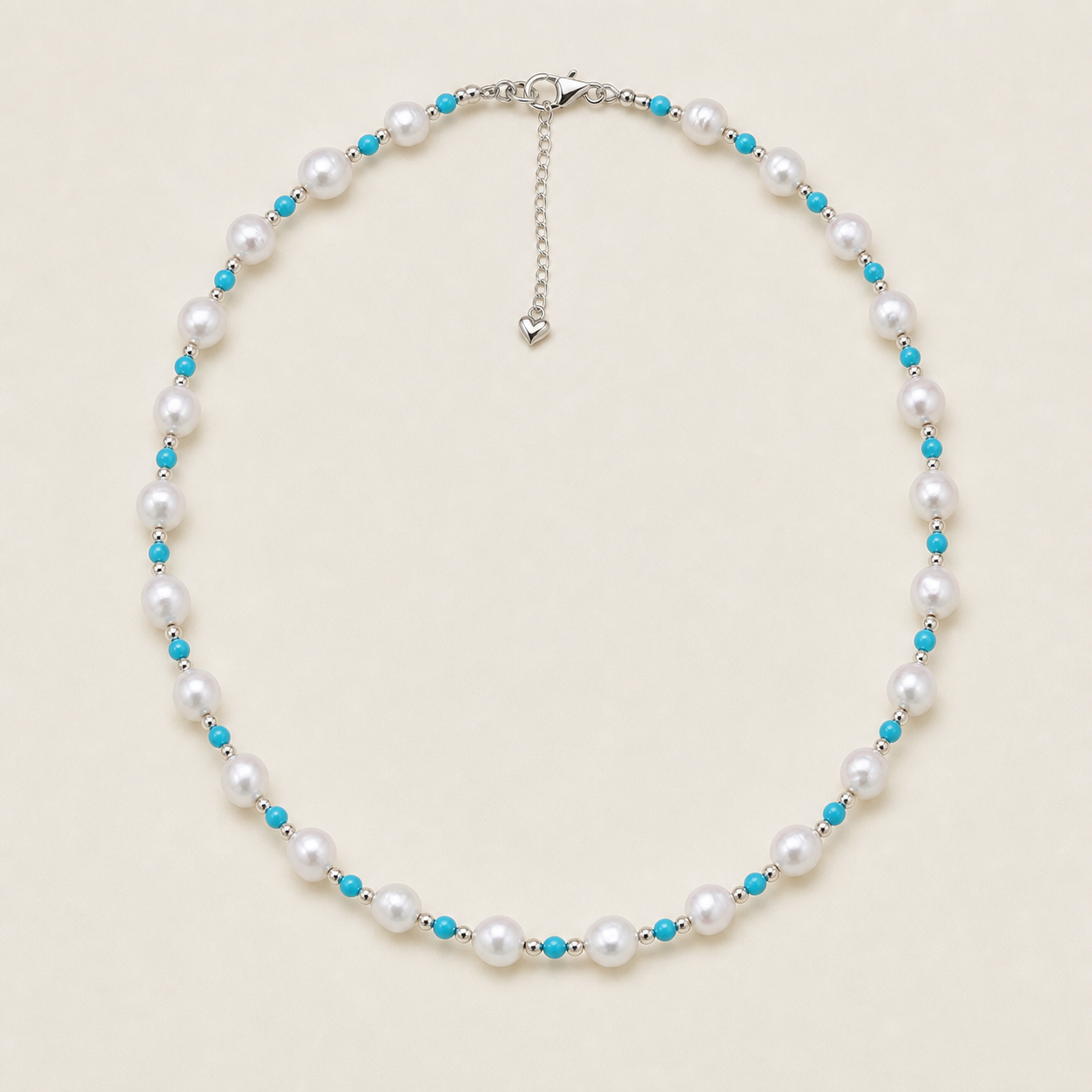 Turquoise Pearl Necklace front view with 7–8 mm freshwater pearls, turquoise spacers, lobster clasp and heart charm