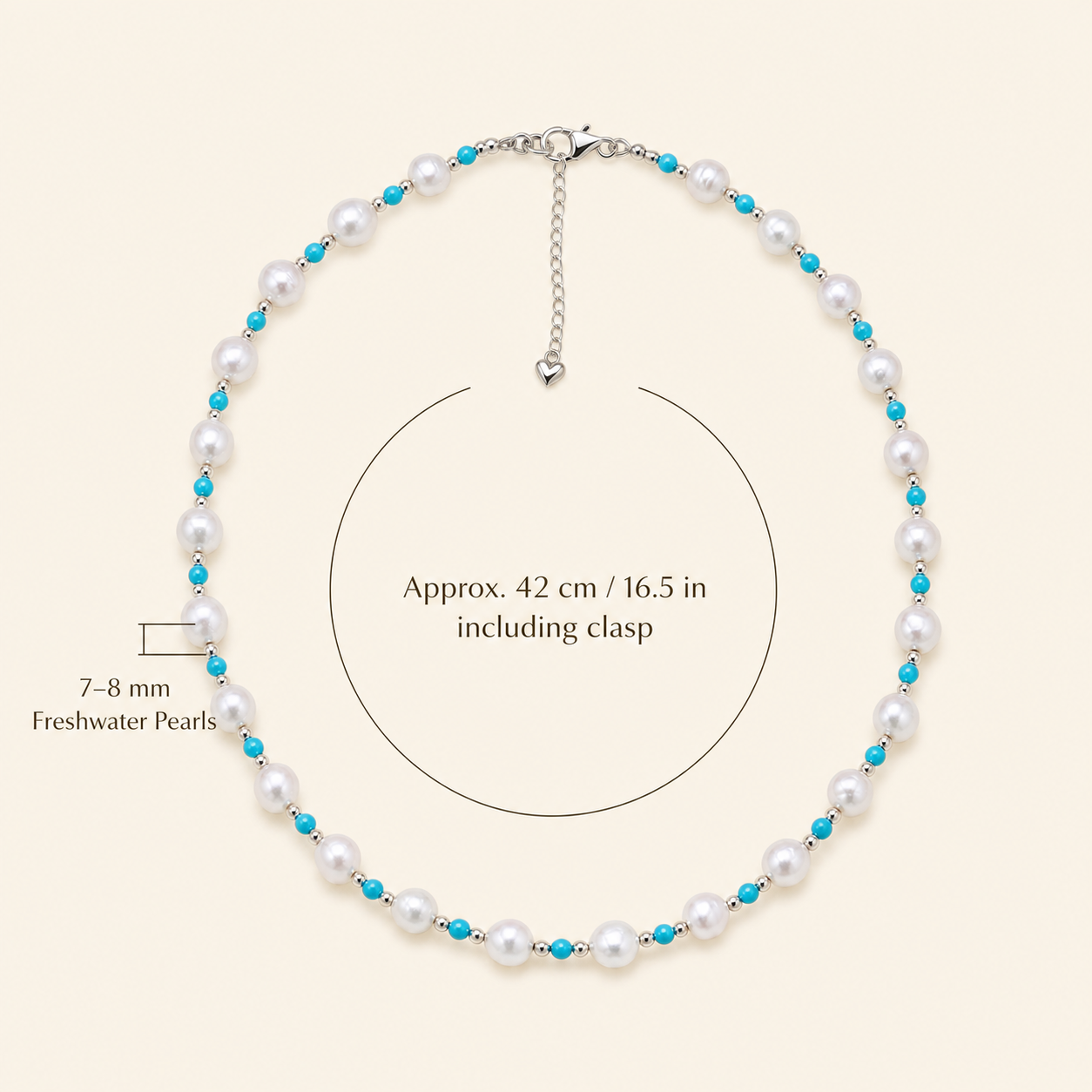 Turquoise Pearl Necklace size guide showing 7–8 mm pearls and 42 cm length