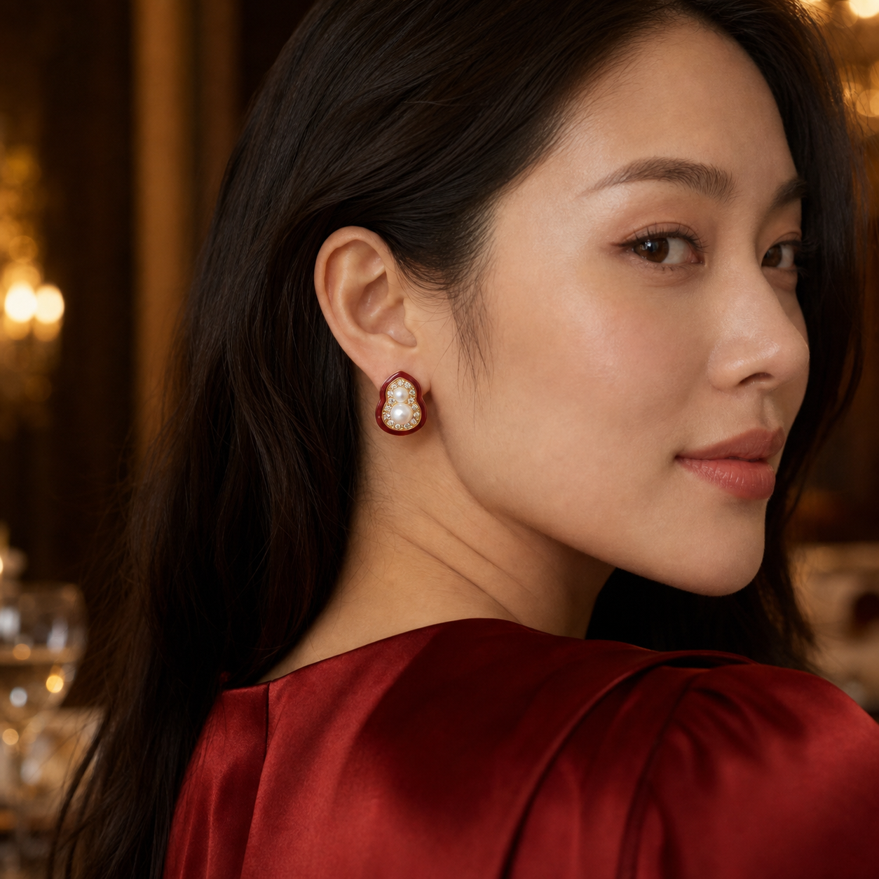 Model wearing Red Gourd Pearl Stud Earrings in an evening setting