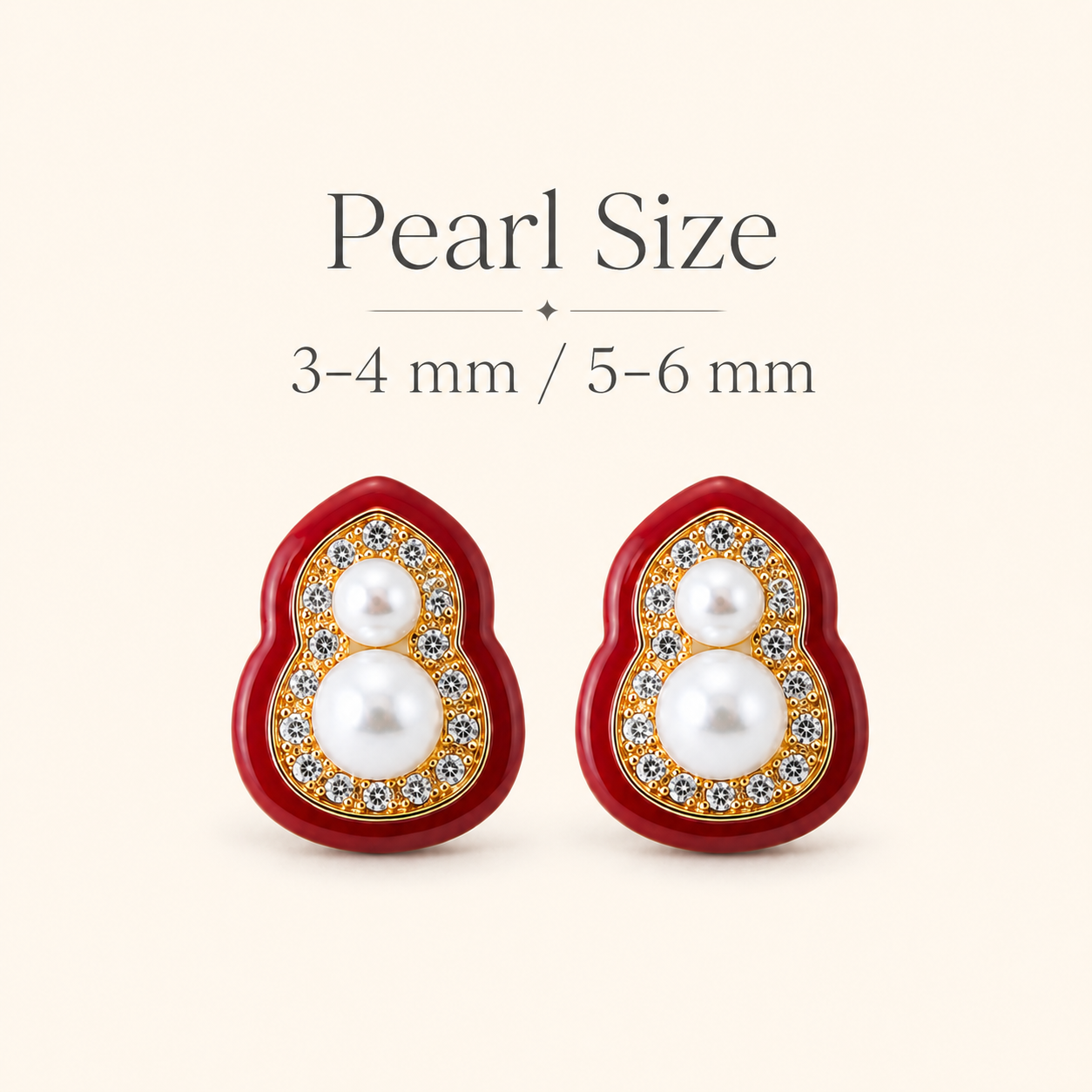 Red Gourd Pearl Stud Earrings pearl size guide showing 3–4 mm and 5–6 mm pearls