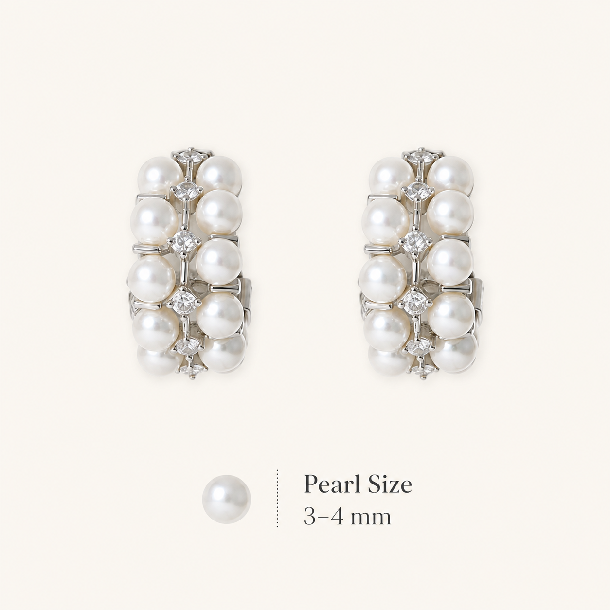 Crystal Pearl Hoop Earrings size guide showing 3–4 mm pearls