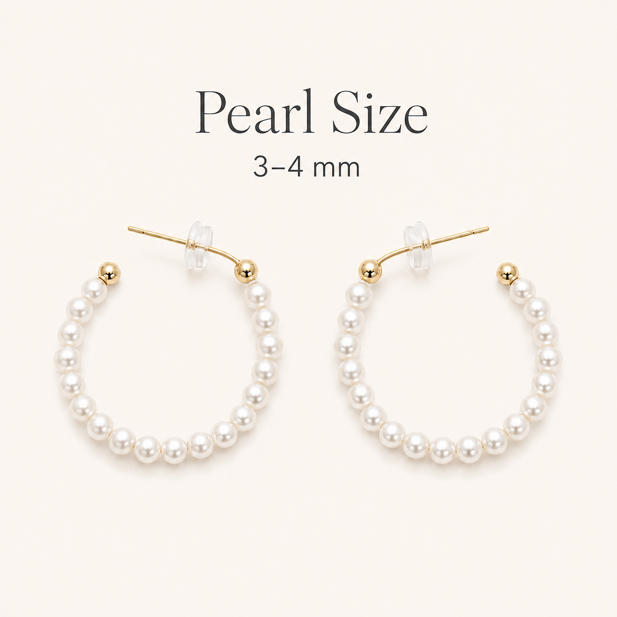Gold-tone Pearl Hoop Earrings size guide showing 3–4 mm pearls