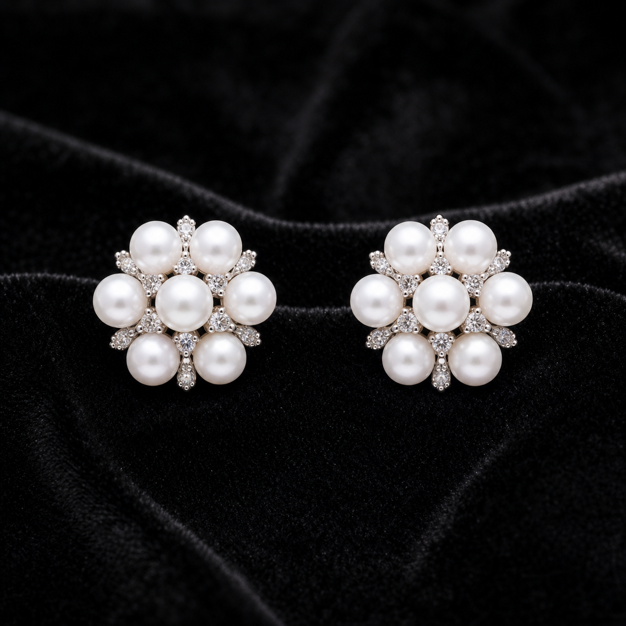 Snowflake pearl stud earrings on black velvet