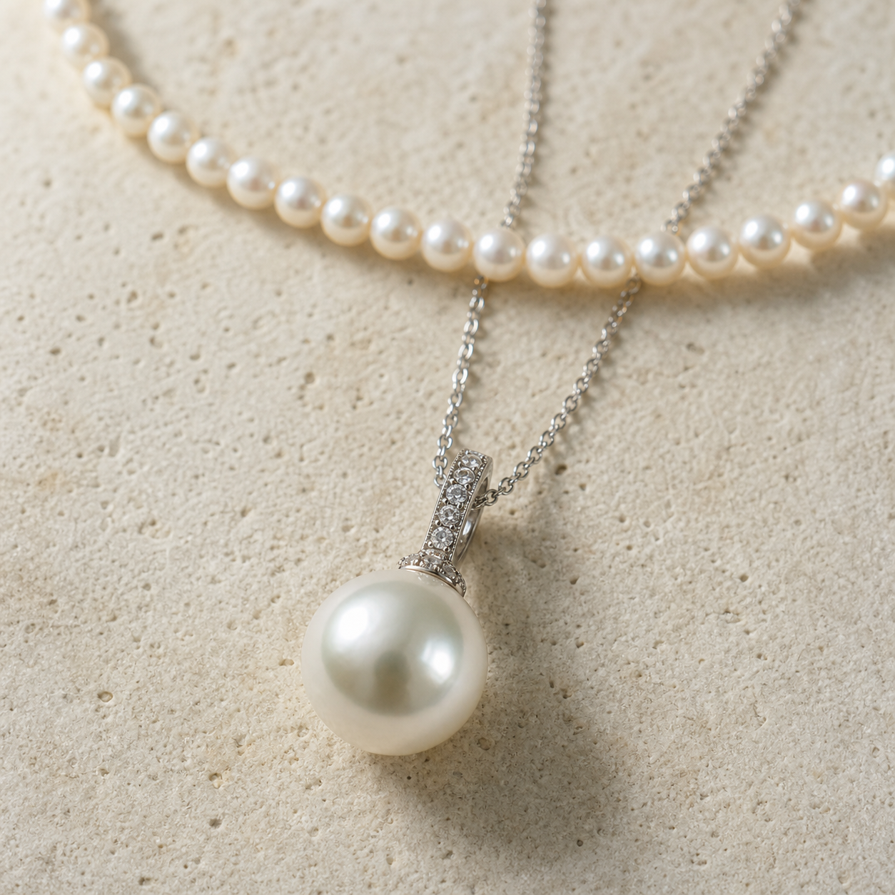 Close-up detail of the Duo Pearl Necklace freshwater pearls, silver and cubic zirconia