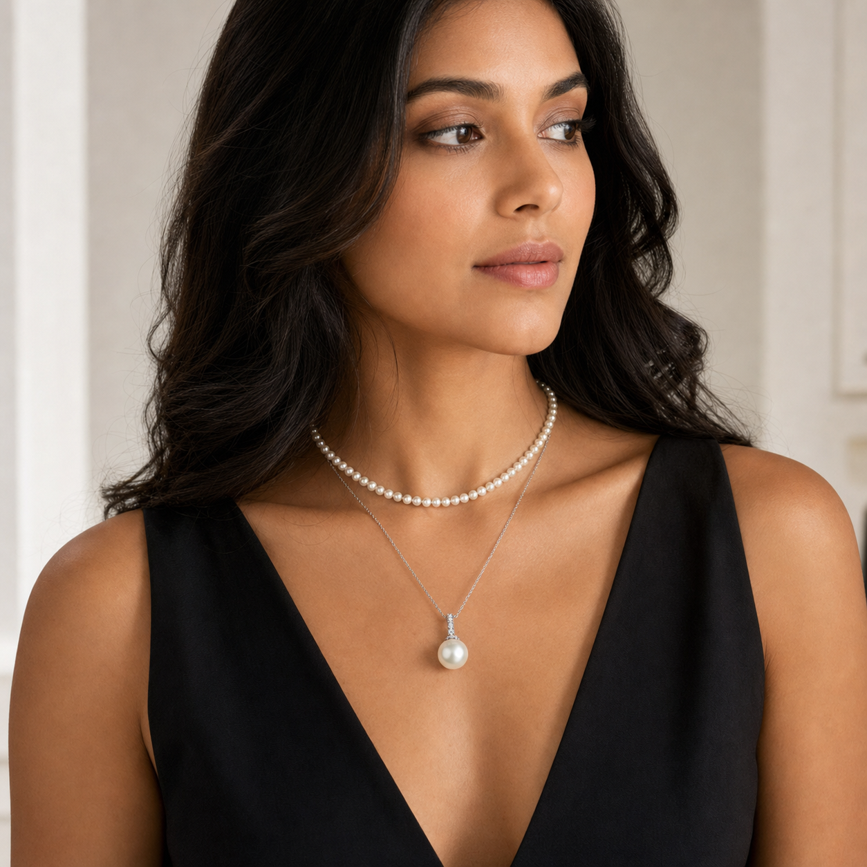 Model wearing the Duo Pearl Necklace