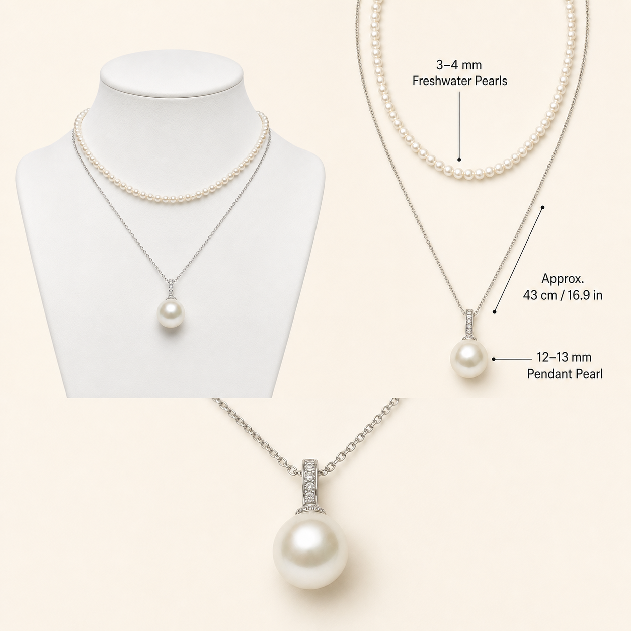 Duo Pearl Necklace size guide showing 3–4 mm and 12–13 mm pearls with 43 cm length