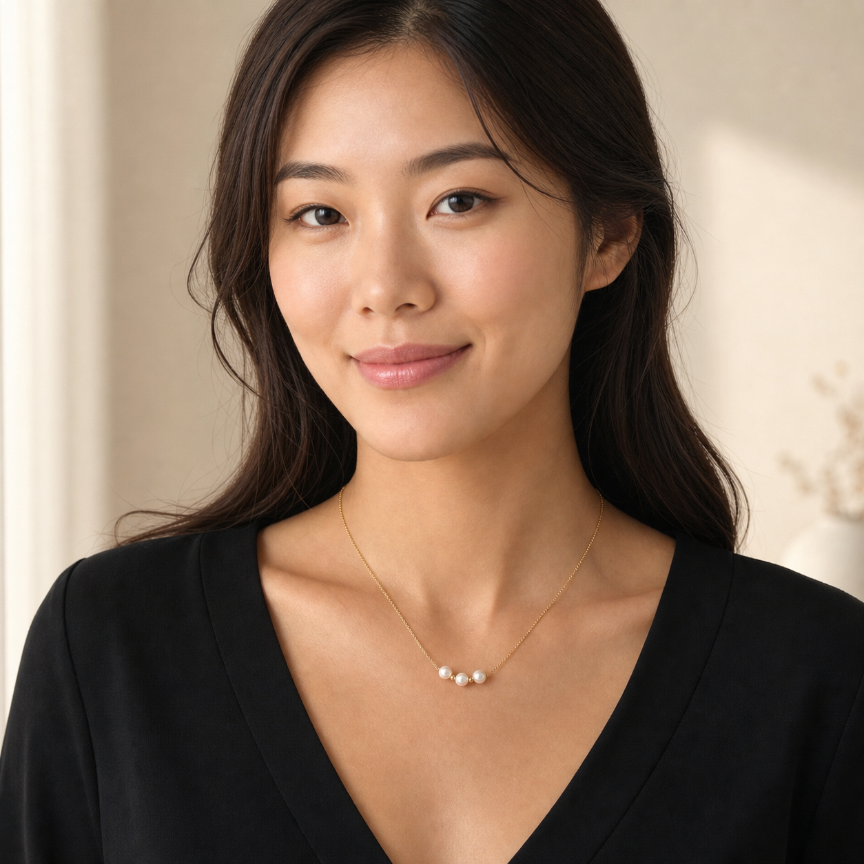 Golden Smile freshwater pearl necklace worn on model