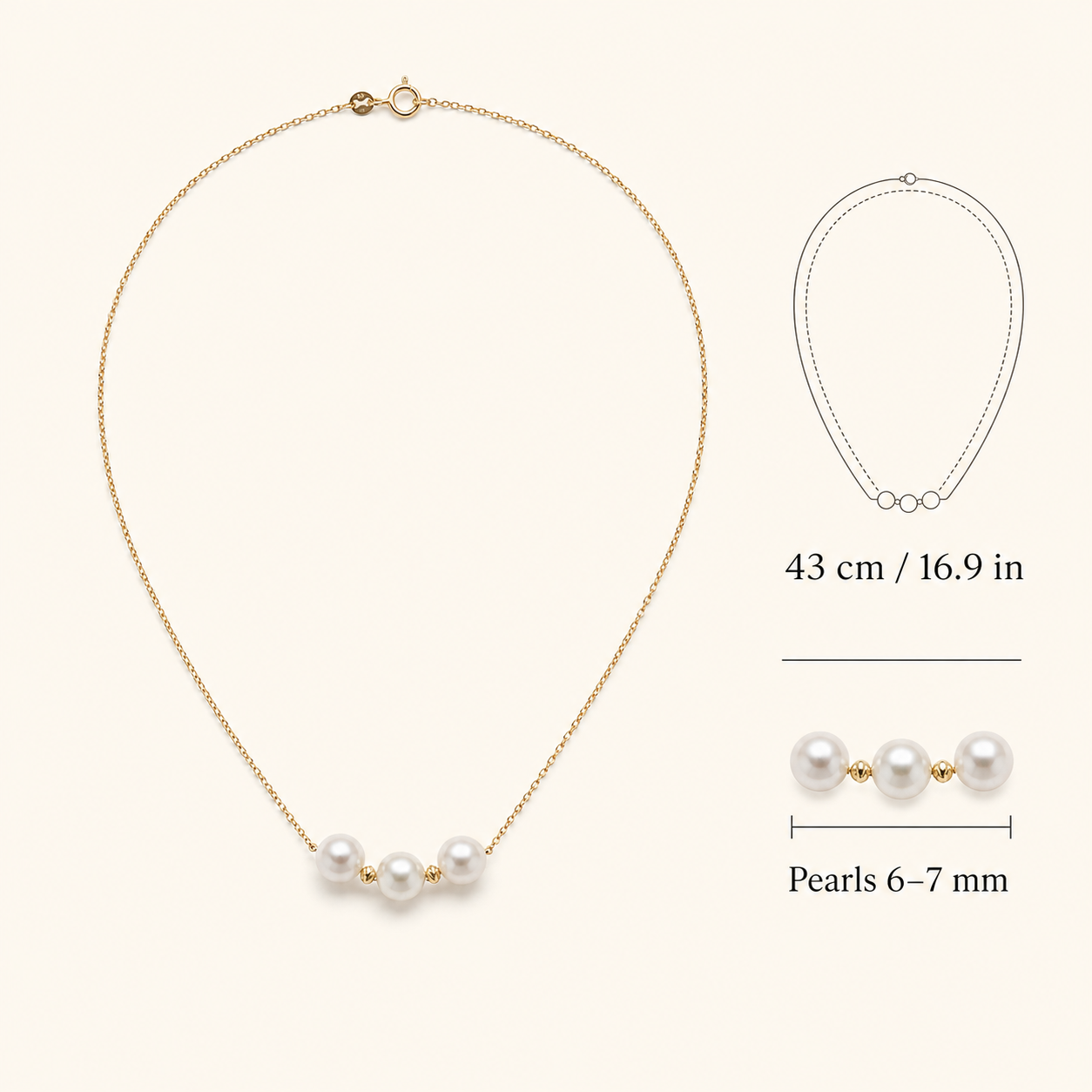 Golden Smile freshwater pearl necklace 43 cm size guide