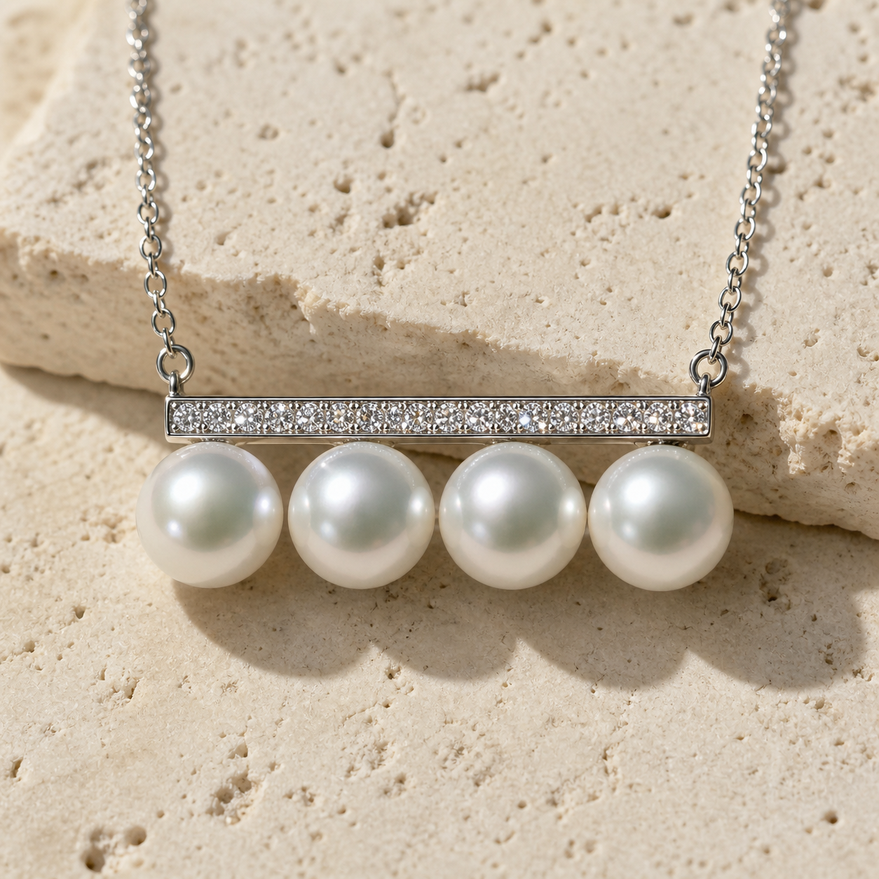 Close-up detail of the Radiant Pearl Necklace freshwater pearls, silver and cubic zirconia
