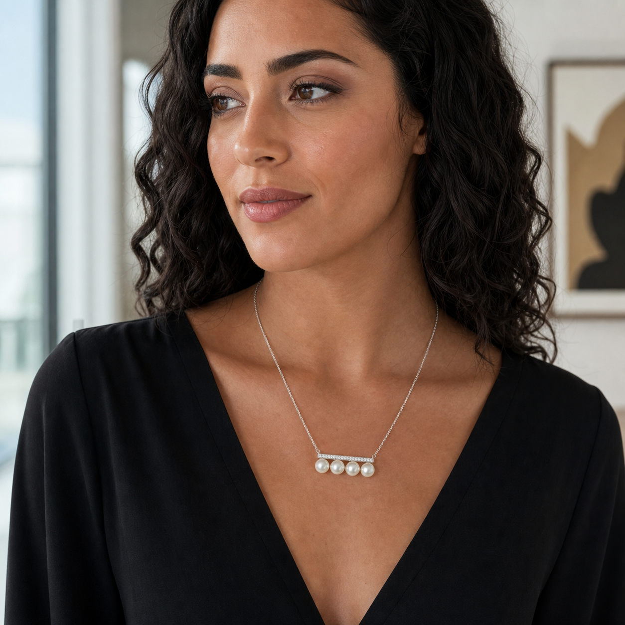 Model wearing the Radiant Pearl Necklace