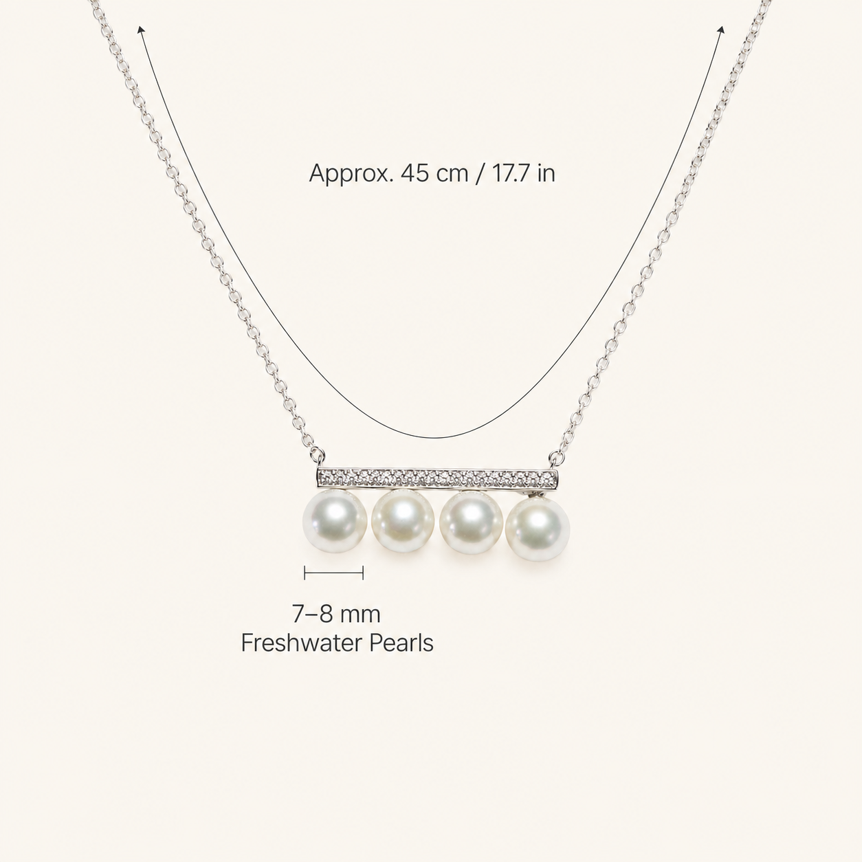 Radiant Pearl Necklace size guide showing 7–8 mm pearls and 45 cm length