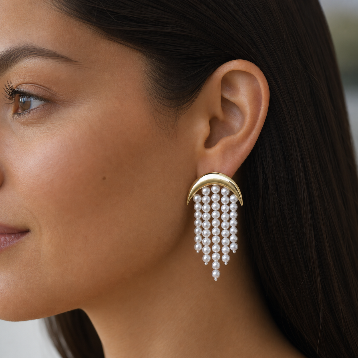 Model wearing Moonlight Pearl Earrings