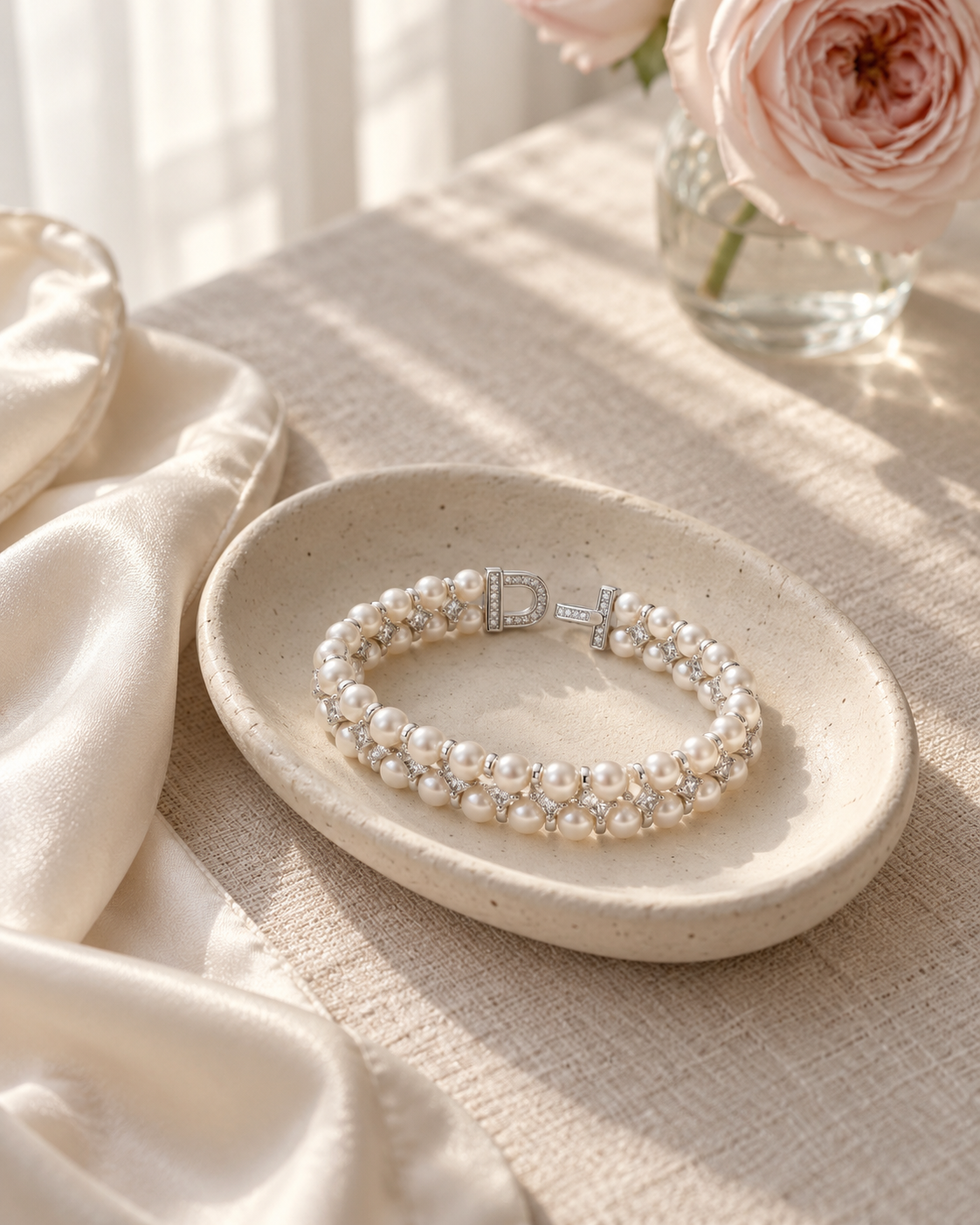 AI-created editorial scene of a double-strand pearl bracelet on a ceramic dish beside ivory fabric and blush roses.