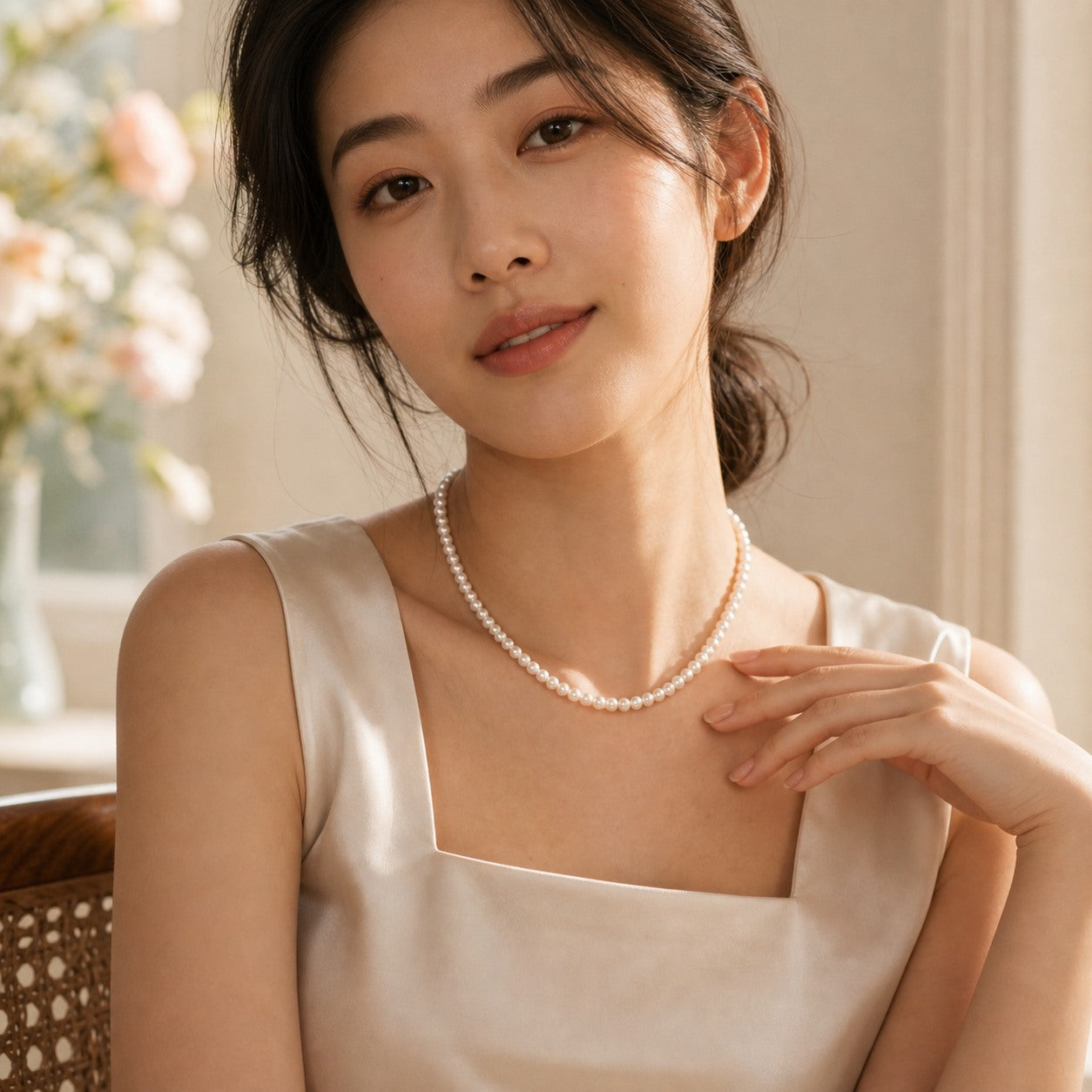 Model wearing the Classic Freshwater Pearl Necklace